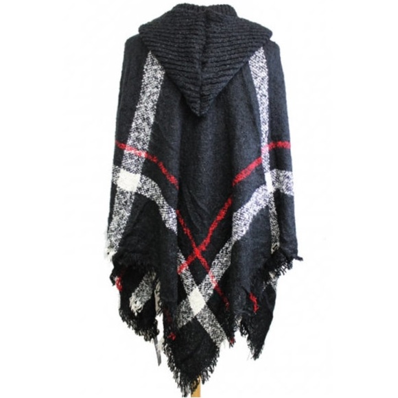 SOLD OUT SALE Plaid Knit Fringe Hoodie Cape Poncho Sweater - Picture 4 of 5
